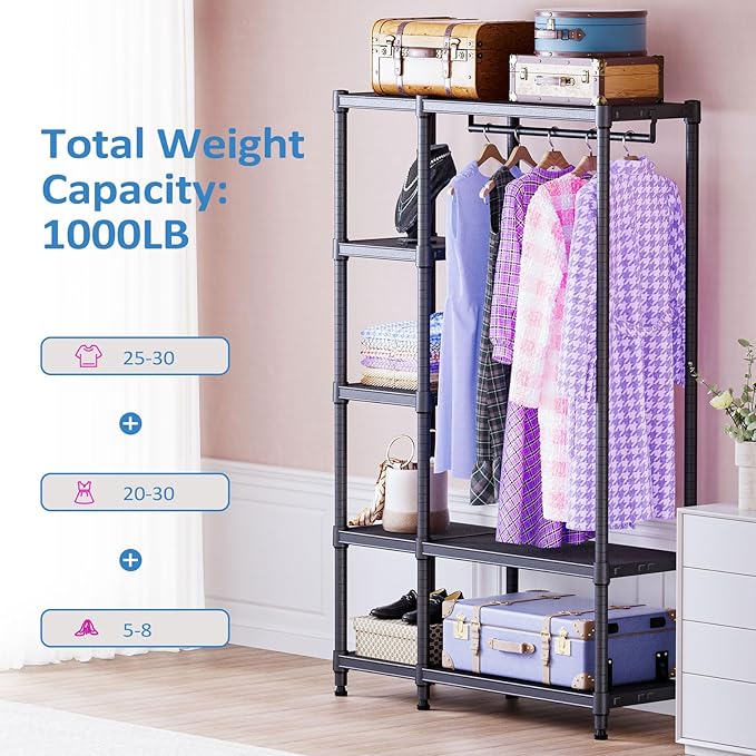 IZEUK Heavy Duty Garment Rack, Closet Organizer and Clothes Rack for Hanging Clothes with 1 Hang Rods, Freestanding Adjustable Metal Wardrobe, 15.4" D x 35" W x 71.5" H, Max Load 1000LBS, Black