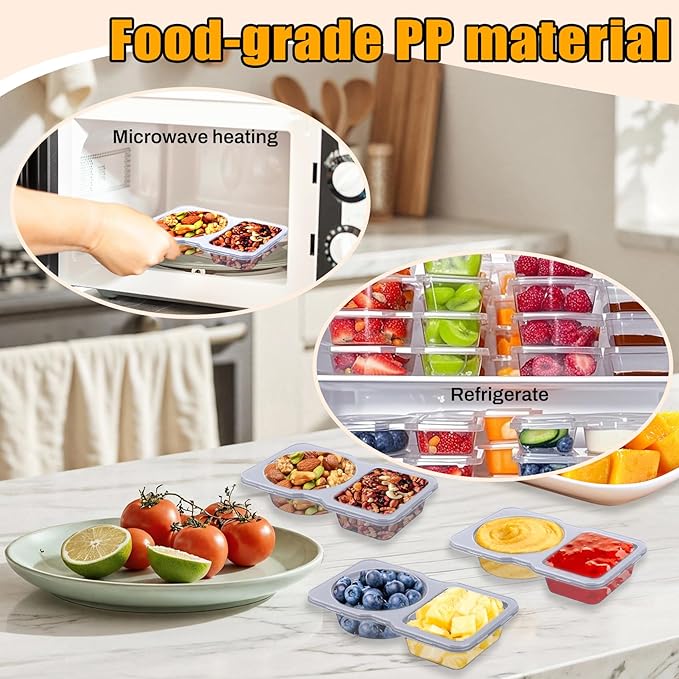 20 Pack Reusable Snack Containers with Lids - Double Compartment Sauce Cups with 20 Forks, Microwave Safe Portion Control Containers for Meal Prep, Take-out, Party & Travel