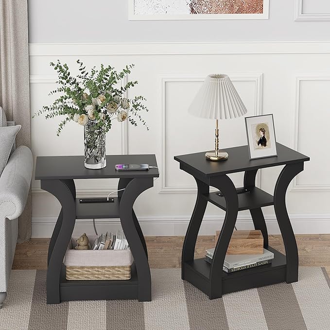 End Table with Charging Station, Side Table with USB Ports and Outlets, 3 Tier Nightstand Sofa Table for Small Spaces, Beside Table with Storage Shelf for Living Room, Bedroom