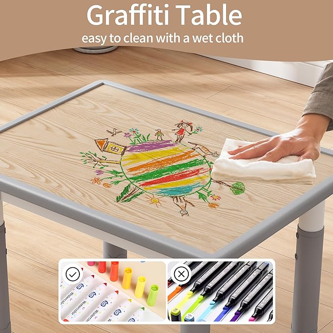 Toddler Table and 2 Chairs, Kids Table and Chair Set Height Adjustable, 31.5''L x 23.6''W Multifunctional Graffiti Desktop for Reading, Drawing, Eating, for Girls & Boys Age 2-10, Grey-02