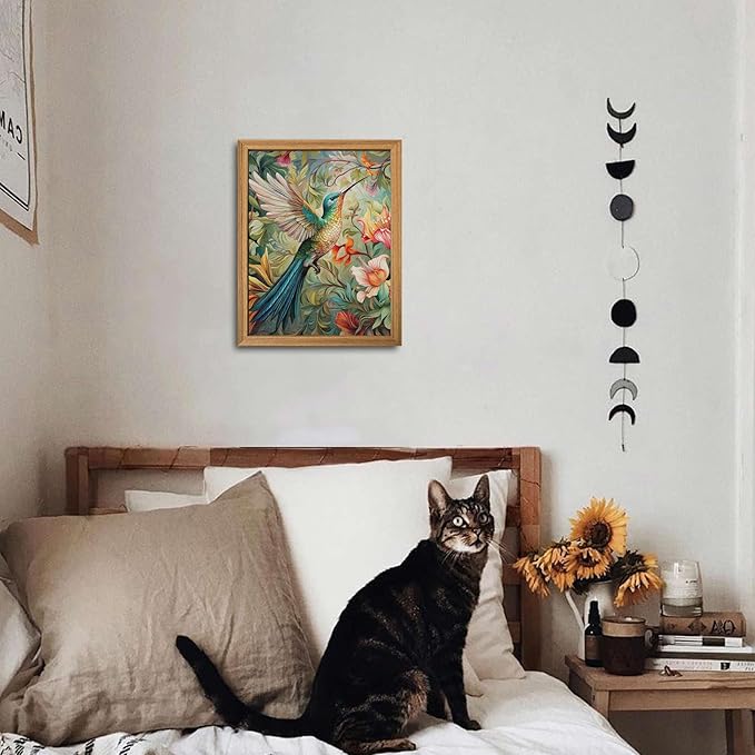 Framed Vintage 3D Textured Wall Art - Colorful Hummingbird Floral Wall Decor - Hand Painted Sandstone Nature Botanical Picture for Living Room Bedroom Home Decor 8x10 inch