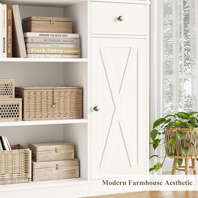 HOSTACK 74" Tall Book Shelf and Bookcase, 45" Wide Bookcase with Doors and Drawers, Modern 6 Tier Bookshelf with Storage, Large Wood Display Cabinet with Adjustable Shelves for Home Office, White