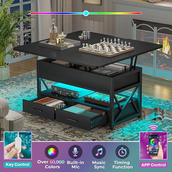 Itaar 40" Lift Top Coffee Table, 4 in 1 Coffee Tables with Storage for Living Room, Small Farmhouse Coffee Table with 2 Drawers & LED Light for Dining Reception Room, Black