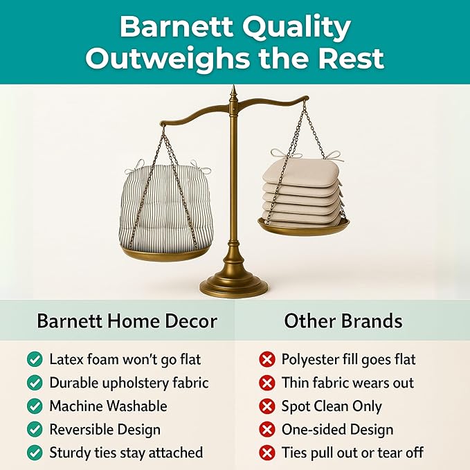 Barnett Home Decor Dining Chair Cushions with Ties, 16.5 x 18, Pack of 4 – Ticking Stripe Natural – 100% Cotton, Latex Foam Fill, Made in USA