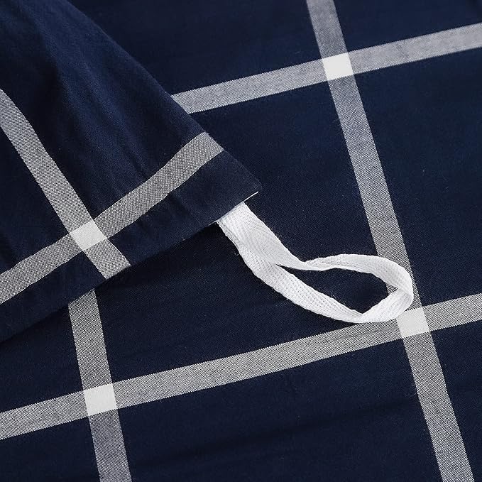 FACE TWO FACE Bedding Duvet Cover Set 3 Pieces 100% Washed Cotton Duvet Cover Linen Like Textured Breathable Durable Soft Comfy (King, Dark Blue Grid)