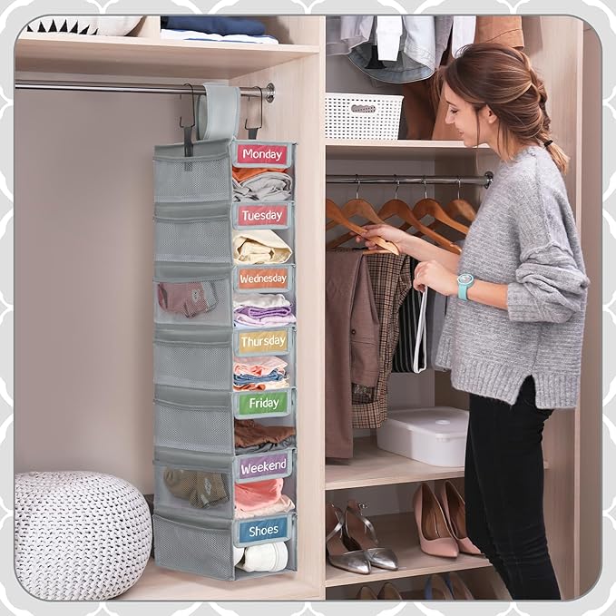 2 Pack 7 Shelf Weekly Clothes Organizer Hanging Closet for Kids with Side Pockets Weekday Shoes Rack Weekly Clothes Organizers Monday Through Weekend Foldable Storage Shelves(Gray)