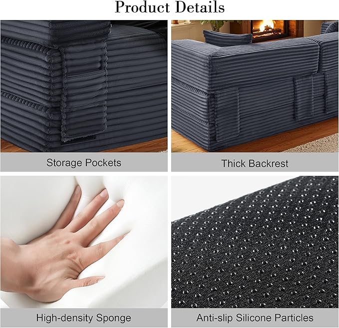 Sectional Boneless Couch Convertible Sofa Bed, 78'' Modular Sectional Sleeper Sofa with Removable Armrests & 3 Pillows, Small Floor Couch No Assembly Needed for Living Room, Office, Bedroom, Gray