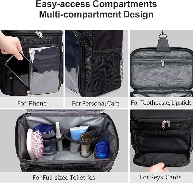 F-color Hanging Shower Caddy Portable with Clear Makeup Bag - College Dorm Essentials for Guys with Hooks Black, TSA Approved Toiletry Bag for Travel Size, Black