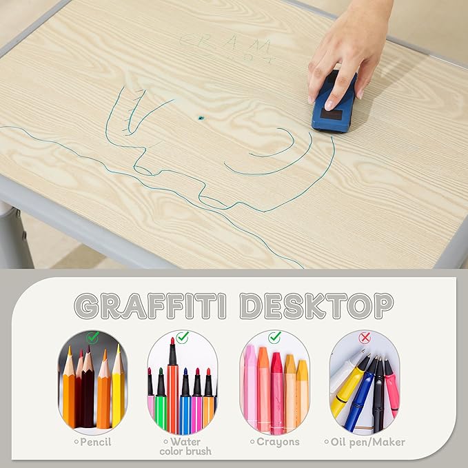 Kids Table and Chairs, Height-Adjustable Toddler Table and Chair Set with 31.5''Lx23.6''W Graffiti Desktop, Table Chair for Ages 3-8, Childrens Table and Chair Set for Daycare with 2 Chairs, Grey