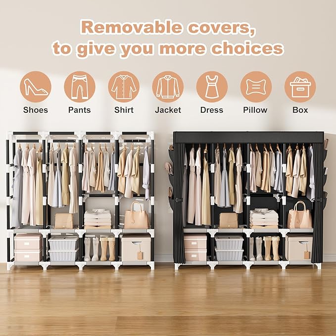 VTRIN Wardrobe Closet, 25mm Steel Tube Sturdy Portable Closet for Hanging Clothes, 67.3 Inch Portable Closet Wardrobe with Cover, 4 Hanging Rods, 8 Shelves, Free Standing Clothes Rack for Bedroom