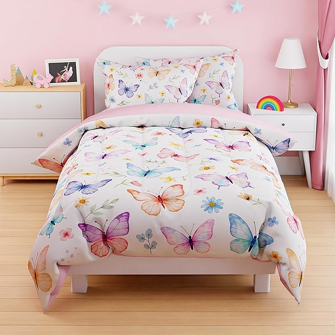 SANDJEST Butterfly Duvet Cover Sets Twin Size for Kids Girls, Include 1 Polyester Comforter Cover 68x86 Inches and 1 Pillowcase 20x26 Inches, Comforter Not Included, Gift for Christmas Birthday