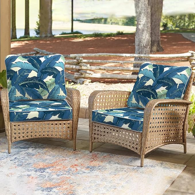 Outdoor Deep Seat Cushions Set 24 x 24 Inch for Patio Furniture,Water Resistant Chair Cushions Replacement Includes Seat Cushion & Back Pillow for Couch Sofa, Wicker Chair - Swaying Palms Blue