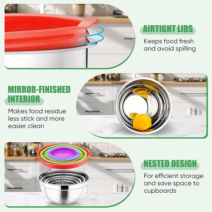 P&P CHEF Mixing Bowl with Airtight Lid Set of 5, 10-Piece Stainless Steel Nesting Salad Bowl Set for Prepping, Mixing and Serving, Size 4.6, 3, 1.5, 1, 0.7 QT, Rimmed Edges & Flat Base, Multicolor