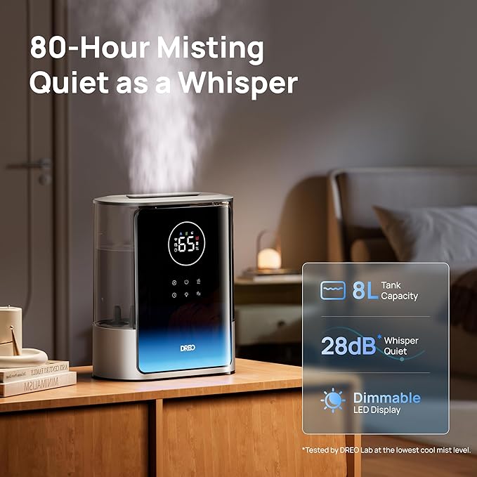 Dreo 8L Smart Humidifiers for Bedroom 600ft², 80H Runtime Warm&Cool Supersized Mist Humidifier for Large Room Indoor, Quiet Whole House humidifier for Baby, Plants, with Alexa/Google, Silver, HM717S