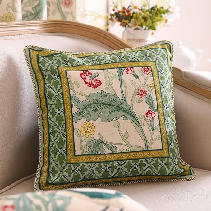 patdrea Designer Pack of 2 Square Throw Pillow Covers,French Vintage Rustic Linen with Green Floral Pattern Pillows Cover,Decorative Pillowcases Cushion for Bed Living Room Outdoor Car,18"x18"