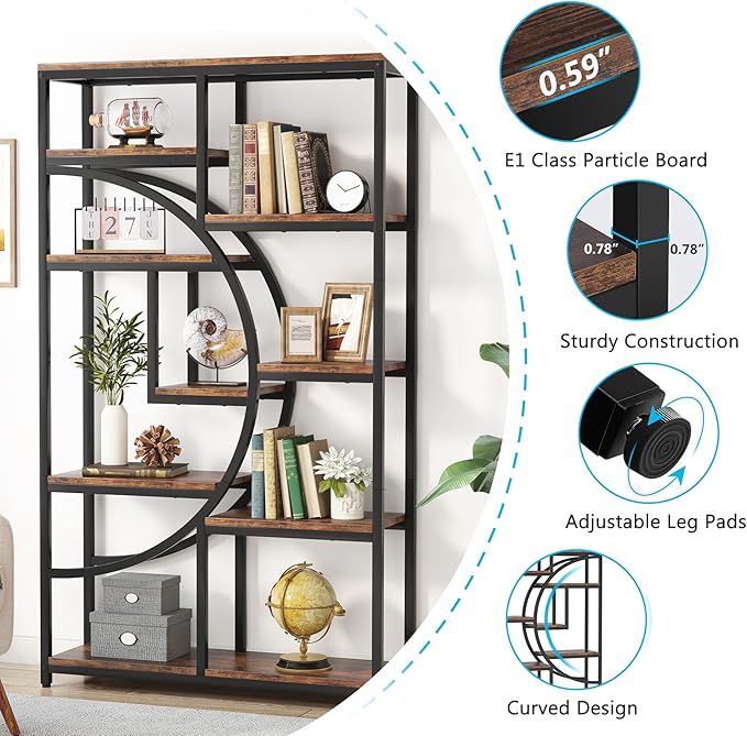 Tribesigns Bookshelf, Industrial 5 Tier Etagere Bookcase, Freestanding Tall Bookshelves Display Shelf Storage Organizer with 9-Open Storage Shelf for Living Room, Bedroom
