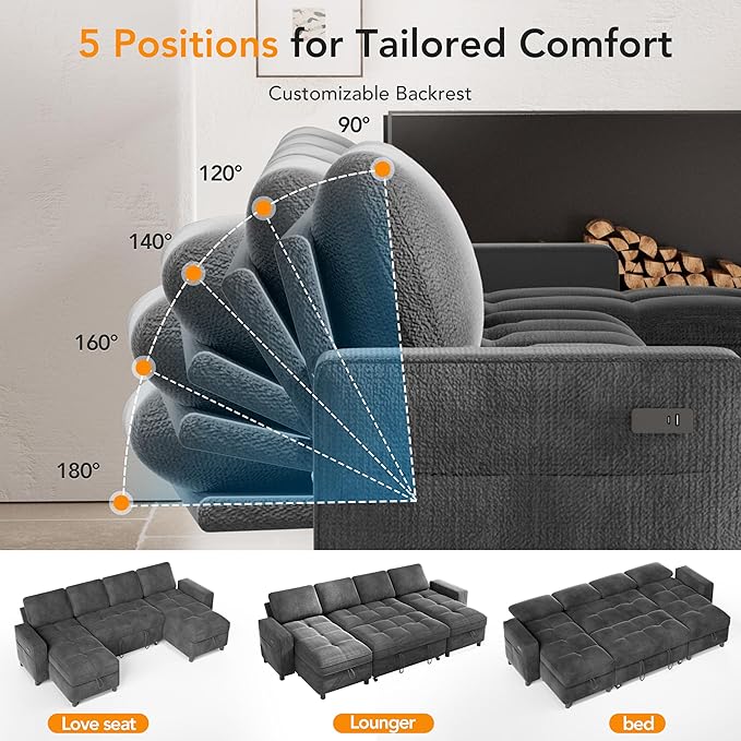 Vipbear Sleeper Sectional Sofa, 105" U Shaped Couch with Pull Out Bed, Convertible Chenille Cloud Sofa with Reclining Backrest | Double Storage Chaise | USB Ports | Tool-Free Assembly | Grey