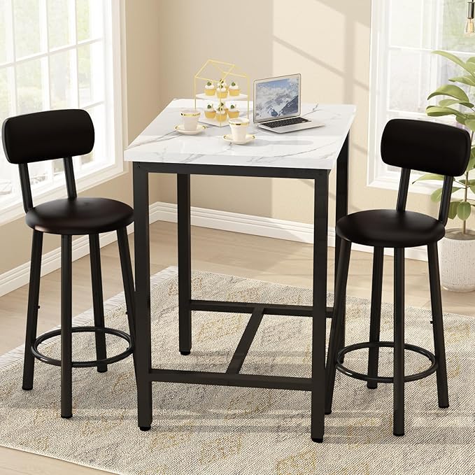 Dining Table Set, 23.6” Square Faux Marble Table with 2 PU Upholstered Backrest Chairs, 3-Piece Kitchen Dining Room Set for Small Spaces, Kitchen, Restaurant Furniture, White