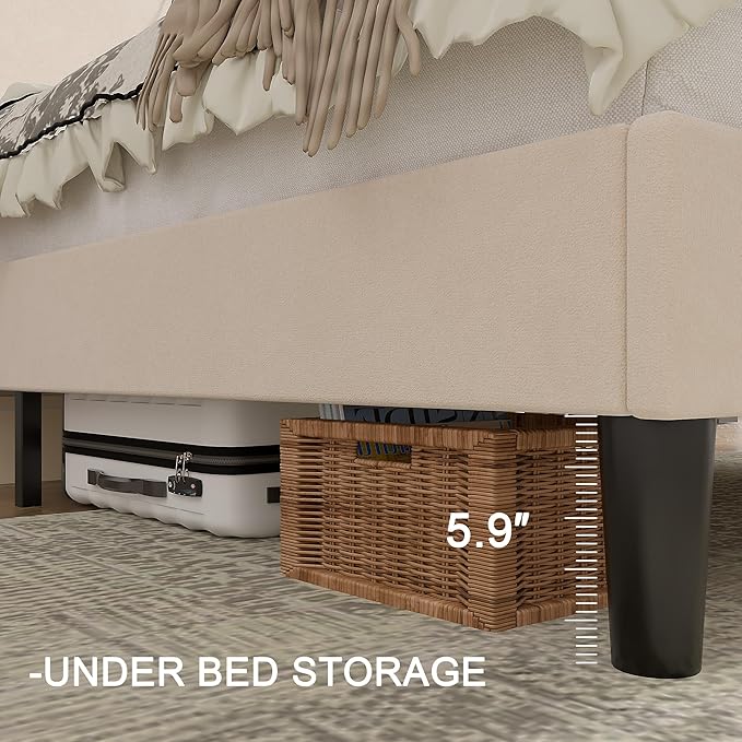 VECELO Full Bed Frame with Upholstered Wingback Headboard, Heavy-Duty Platform Bedframe with Charging Station, Wooden Slats, No Box Spring Needed, Beige