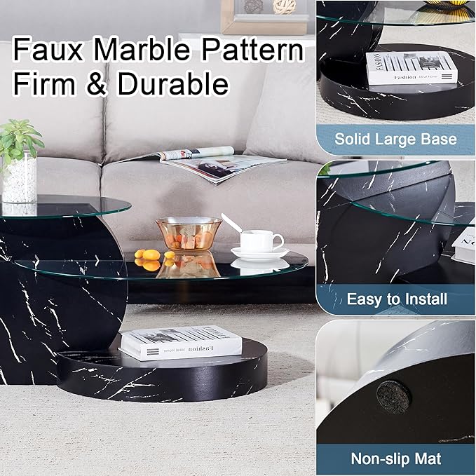 Glass Coffee Table, Modern Round Glass Coffee Table with Wooden Base, 3 Tier Round Coffee Table, Clear Cocktail Table with Storage for Living Room, Office, Balcony, Black