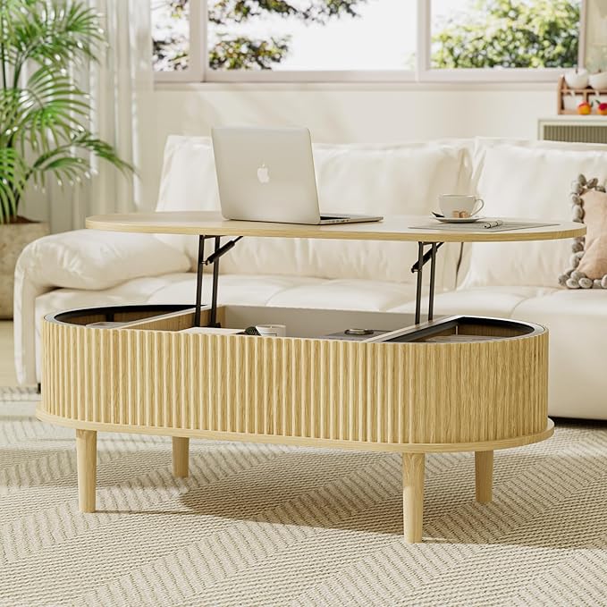 EAG Fluted Lift Top Coffee Table with Hidden Compartment, Modern Oval Coffee Table with Storage, Fully Wood Center Table for Living Room, Office, Natural