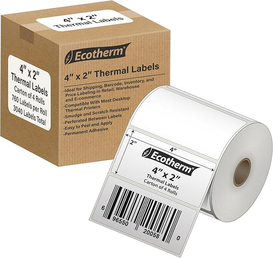 4" x 2" Thermal Labels | 4 Rolls | 3040 Labels | fits Zebra, Munbyn, Rollo, Godex, Arkscan, iDPRT, Offnova Thermal Label Printers and More | Blank White Adhesive Stickers by Ecotherm