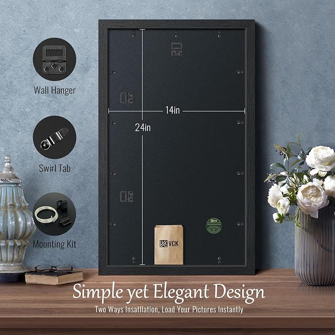 VCK 14x24 Poster Frame Set of 4 - Black, Gallery-Quality Wood Picture Frames, 1.1-Inch Wide Border, Polished Plexiglass, Vertical or Horizontal Wall Display for Photo/Art/Prints, Black