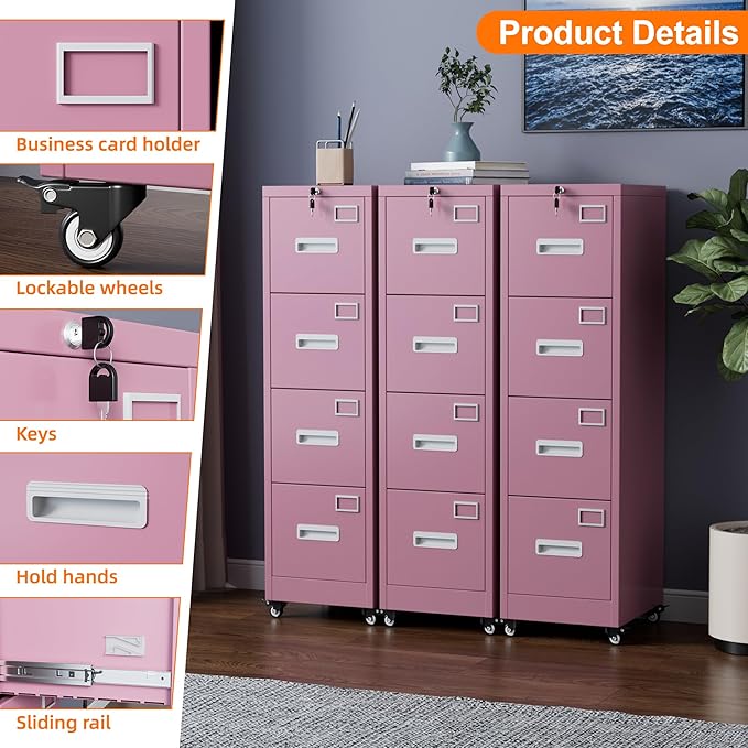 Aobabo 56" H 4 Drawer Moblie Office File Cabinet with Lock, Rolling Metal Filing Storage Cabinet, Legal/Letter A4 Size, Pink, Assembly Required