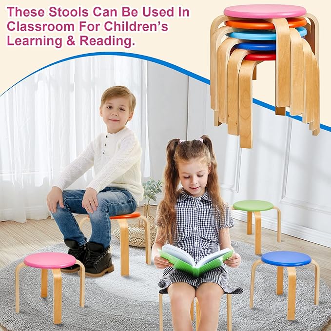 Sintuff 12 Inch Wood Stackable Classroom Stools Bentwood Stacking Chairs for Kids Colorful Round Nesting Stools Pack of 6 for Toddlers Adult Playroom Daycare Home Office