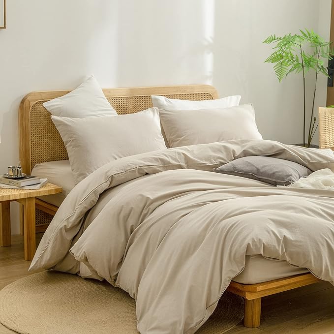 BESTOUCH Duvet Cover Set 100% Washed Cotton Linen Feel Super Soft Comfortable Chic Lightweight 3 PCs Home Bedding Set Solid Almond Milk Grey Super Queen