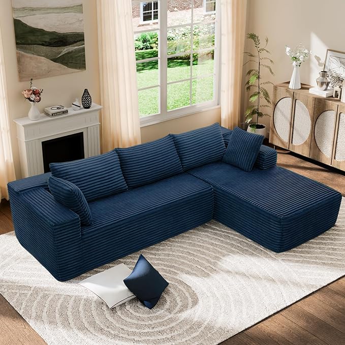 Modern Cloud Modular Sectional Sofa with Chaise, 106" L-Shaped Sofa Couch for Living Room, Deep Seat Plush Boneless Couches, Includes Pillows, Left Chaise, Blue