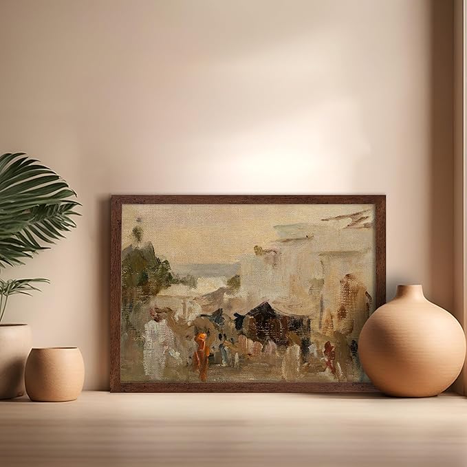 Poster Master Vintage The Bazaar Painting Poster - Retro Street in Udaipur Print - India Art - Cityscape Art - Farmhouse Art - Abstract Art - Office or Living Room Wall Decor, 16x20 Brown Framed