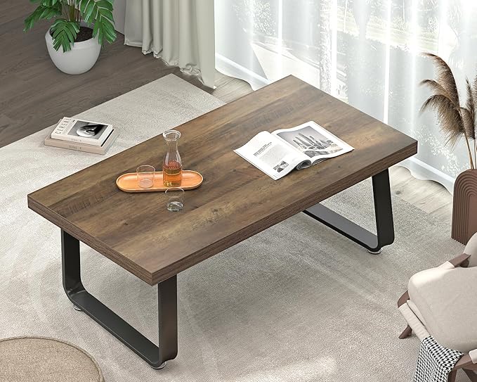 HSH 47" Rustic Industrial Coffee Table - Farmhouse Modern Minimalist Center Table with Wood & Metal Legs,Cocktail Table for Living Room, Bedroom, Home Office, Rustic Oak
