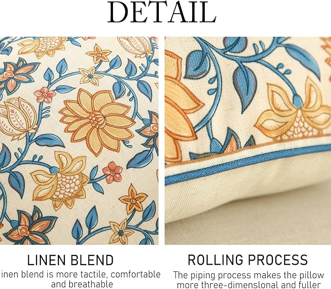 Design Square Simple Elegant Linen Throw Pillow Covers 18"x18" Pack of 2, Blue Yellow Floral Pattern Cushion Covers Decor Pillowcases for Bed,Living Room,Outdoor,Car