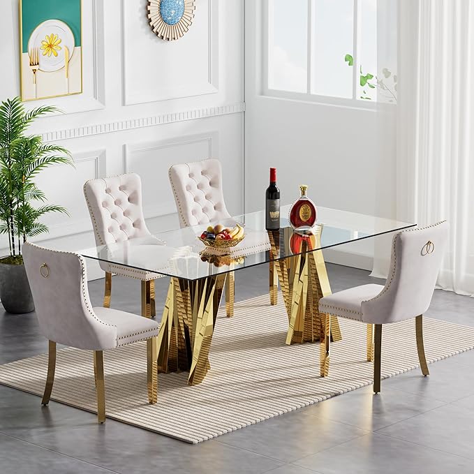 Goujxcy 70" Glass Dining Table Set for 4, Modern Gold Dining Table Set with 4 Beige Velvet Upholstered Dining Chairs, 5 Piece Kitchen Dining Room Table Set with Stainless Steel Legs