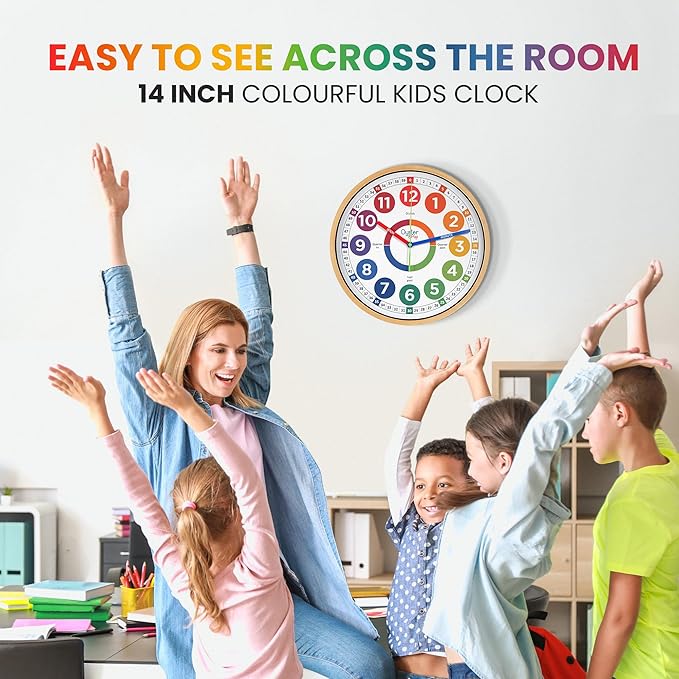 Oyster&Pop Extra Large Learning Clock for Kids - 14 Inch Silent Analog Classroom Clock - Kids Room Decor - Makes Teaching Time Easy