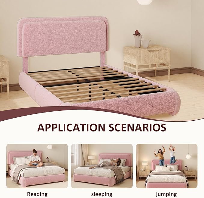 Twin Boucle Platform Bed Frame with Height Adjustable Headboard, Modern Upholstered Cloud Bed, Sleek Curved Design, No Box Spring Needed, Easy Assembly, Noise Free, Pink