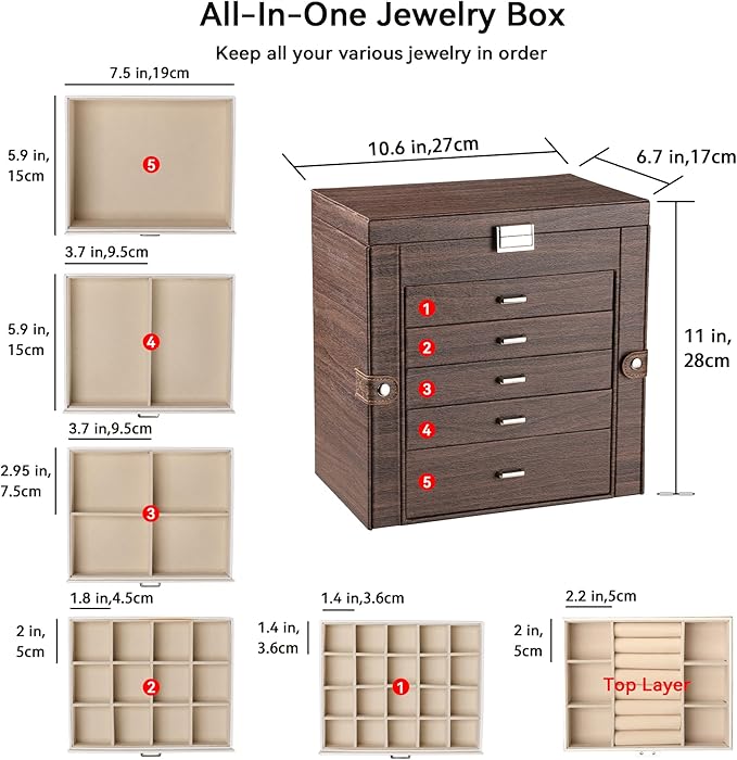 Frebeauty Large Jewelry Box,6-Tier PU Leather Jewelry Organizer,Multi-functional Storage Case with Mirror,Accessories Holder with 5 Drawers for Necklace Bracelets Watches(Tree Brown)