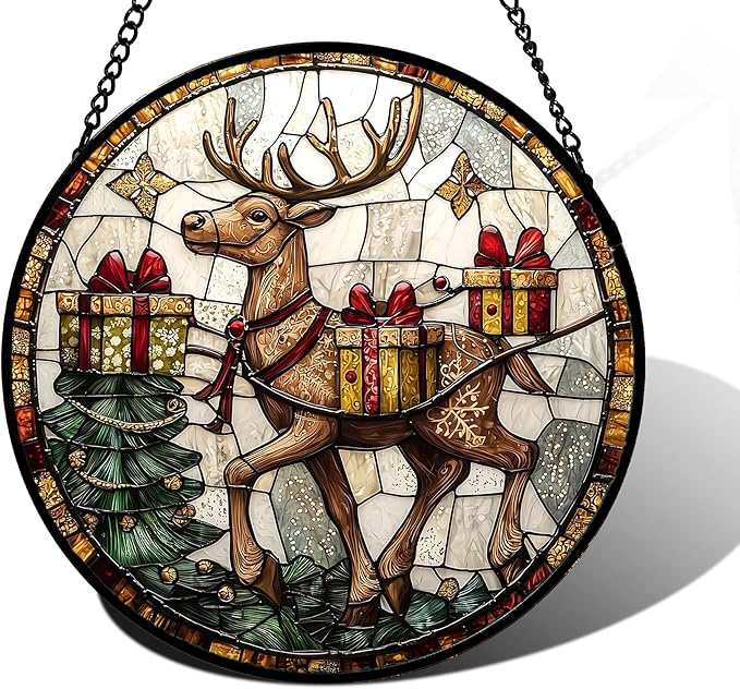 Stained Glass Window Hanging, Christmas Tree Elk Sun Catchers Colorful Glass Panel Retro Suncatcher Decor for Birthday for Women, Men, Wife, Aunt, and Mom 9.8 in
