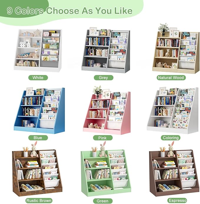 Kids Bookshelf Toddler Bookcase Children Book Rack Baby Toy Storage Organizer Child Book Display Shelf 4-Tier 5 Layer Sling Cabinet Chest Playroom Bedroom Classroom Library Green