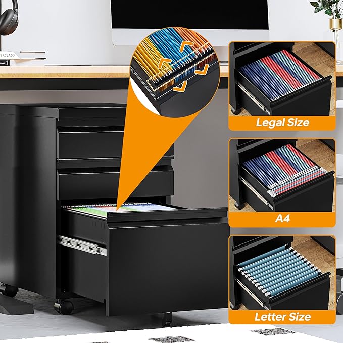 STANI 3 Drawer Mobile File Cabinet with Lock Under Desk Metal Filing Cabinet Locking Office Mobile Cabinet with Wheels Under Desk Office Drawers Rolling Mobile File Cabinet Assembly Required Black