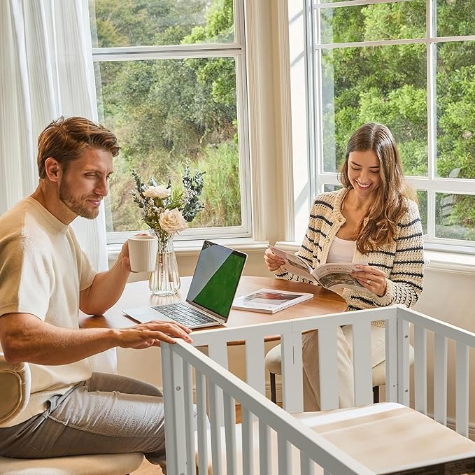 EvoNook 6-in-1 Convertible Mini Crib, 100% New Zealand Solid Wood, 4 Adjustable Mattress Heights, Crib with Mattress, White