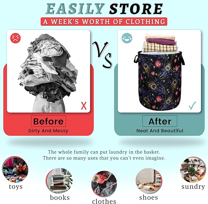 Colorful Peacock Feathers Laundry Basket Foldable With Handles Tote Bag Oxford Cloth Beautiful Laundry Hamper 18.9"x16.5" Clothes Storage Bucket Toy Organizer For Bathroom/Laundry/Bedroom
