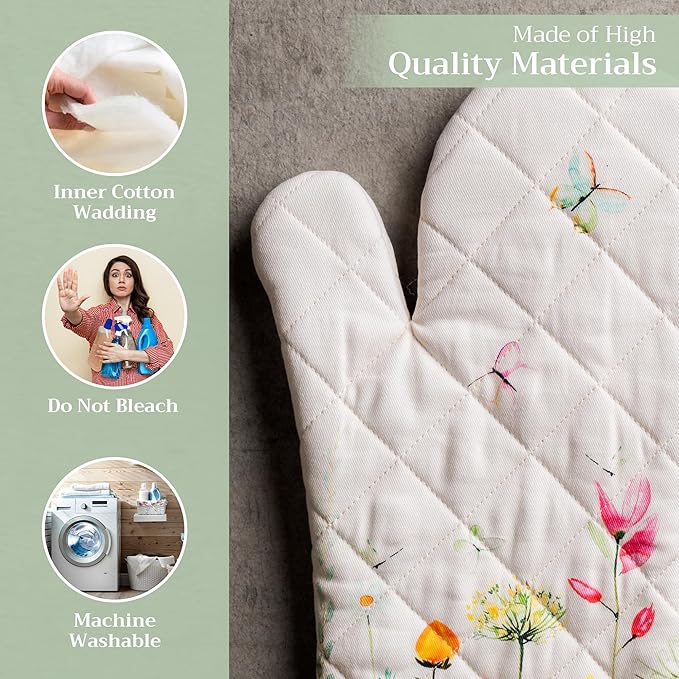 Maison d' Hermine Oven Gloves 100% Cotton Oven Mitt 7" x 13" with Loop Heat Resistant, BBQ, Cooking Gloves, Baking, Grilling, Kitchen, Handling Hot Pans Spring/Summer (Pack of 1, Botanical Fresh)