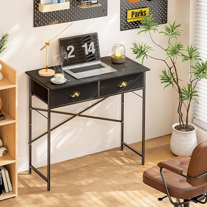 Black Writing Desk for Kids Bedroom, 31.5 Inch Small Computer Desk for Small Spaces, Simple Desk with 2 Fabric Drawers for Home Office, Dorm, Living Room, Home Study Table, Black