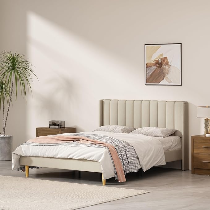 Queen Size Upholstered Platform Bed Frame with Modern Wingback & Vertical Panel Headboard, Linen Fabric, Wooden Legs & Slats Support, No Box Spring Needed, Noise-Free & Easy Assembly, Beige