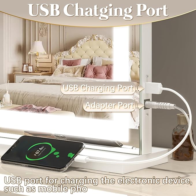 FENNIO Vanity Mirror with Lights 32"x22", Lighted Makeup Mirror, Large Vanity Mirror, Touch Sensor with 3-Color Lighting, USB Charging Port for Vanity Desk（Square White）