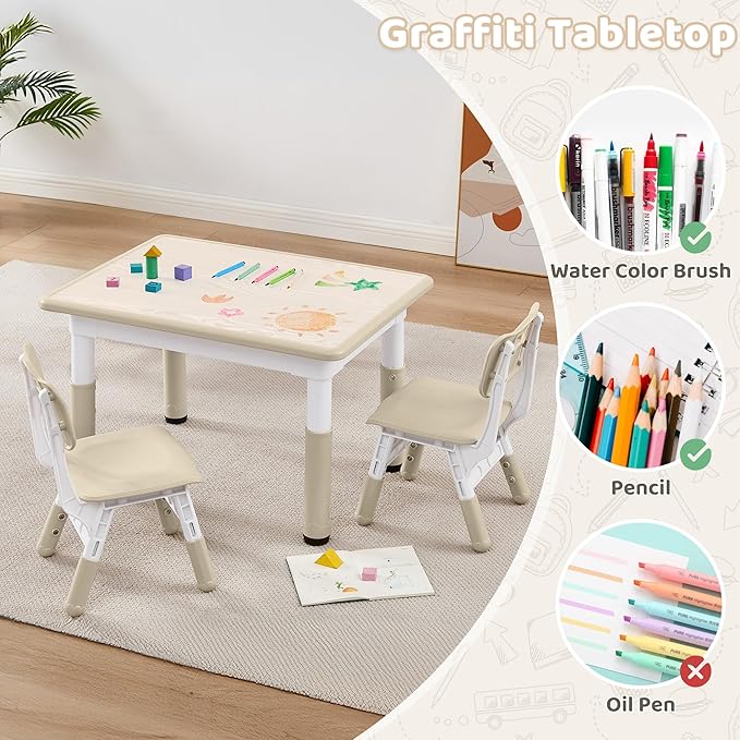 Adjustable Kids Table Chairs Set – Graffiti Desktop, Multi-Activity Height-Adjustable Toddler Study Desk for Ages 3-8 – Ideal for Home, Classroom, Daycare (W-Wood, 2 Chairs-31.5" L x 23.6" W)