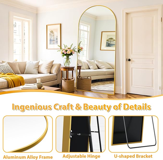 Full Length Mirror, 76"x34" Oversized Floor Mirror Freestanding, Full Body Mirror Floor Standing Mirrors with Stand, Hanging Mounted Mirrors for Bedroom Living Room, Gold, Arched Style
