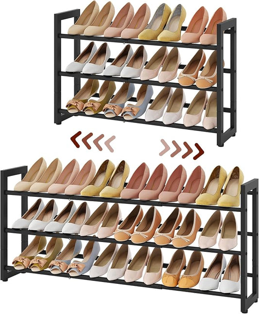 FAVOOSTY 3-Tier Expandable Shoe Rack, Adjustable Shoe Shelf Storage Organizer Space Saving Metal Free Standing Shoe Rack for Entryway Closet Doorway, Black